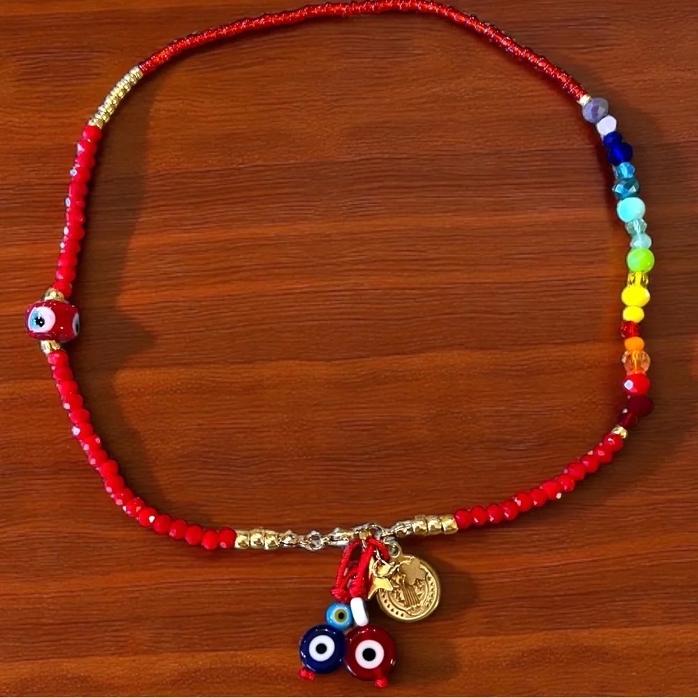 Vibrant Red Hand Beaded Rainbow and Evil Eye Protection Necklace 16”